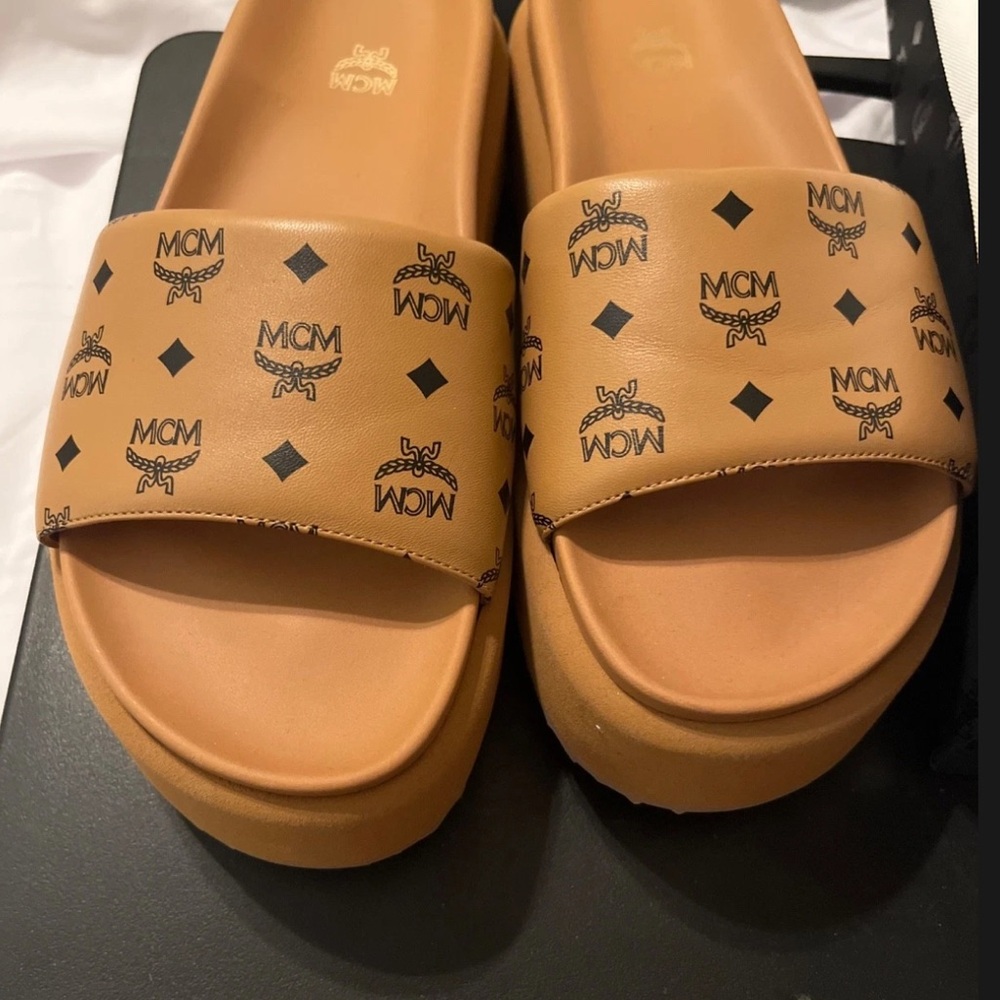 MCM Brown Logo Slide Sandals